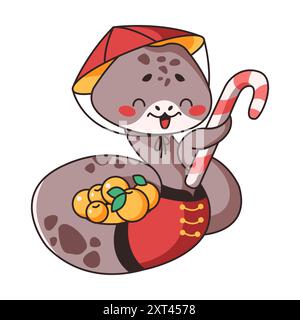 Snake holding lollipop sitting among apples in flat color style. Kawaii snake brings elements of celebration and abundance on white background Stock Vector