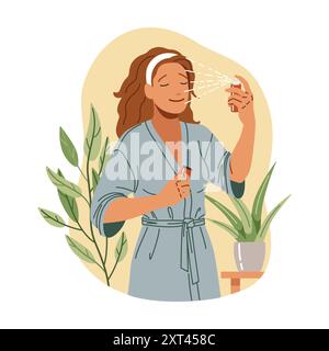 Woman using face mist after bathing flat color vector illustration. Happy lady in bathrobe pampering skin with refreshing product concept icon on whit Stock Vector