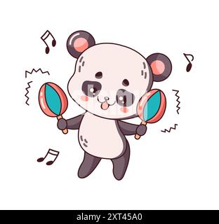 Kawaii panda shakes maracas rhythmically flat color vector illustration. Panda creates joyful and energetic sound icon on white background Stock Vector