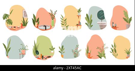 Backgrounds with irregular color stain and interior elements flat color vector icon set. Domestic life scenes illustration pack on white Stock Vector