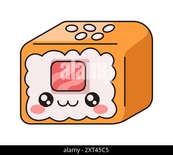 Kawaii cheese sushi roll smiling face flat color vector illustration. Asian seafood dish. Japanese dinner character on white background Stock Vector