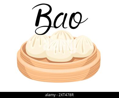 Traditional Chinese steamed pork bun Bao on bamboo round tray. Buns with handwritten label. Ideal for Asian restaurant menus, food blogs. Vector illus Stock Vector