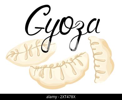 Gyoza dumplings with handwritten label. Great for Chinese food menus, cooking tutorials, and culinary blogs. Vector illustration isolated on white bac Stock Vector