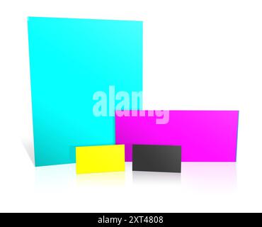 Four CMYK promotional paper blank template black, cyan, yellow and magenta for presentation layouts and design. 3D rendering. Digitally Generated Imag Stock Photo