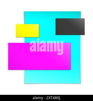 Four CMYK promotional paper blank template black, cyan, yellow and magenta for presentation layouts and design. 3D rendering. Digitally Generated Imag Stock Photo