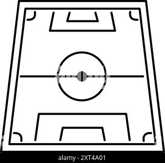 A simple black and white icon depicting a top down view of a soccer field. A detailed layout of a soccer field with goals, the center circle, penalty Stock Vector