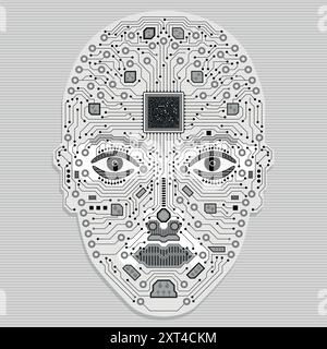 Artificial intelligence concept. Human face made of circuits with a microchip in the forehead in black color. Vector image Stock Vector