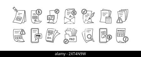 Hand drawn line doodle invoice and paying bill icon set. Online mobile payment with credit card. Documents, folder, calculations vector illustration, Stock Vector