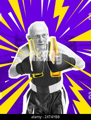 Elderly man, boxing athlete in gloves holdi8gn tow lager beer bottles against abstract background. Contemporary art collage. Stock Photo