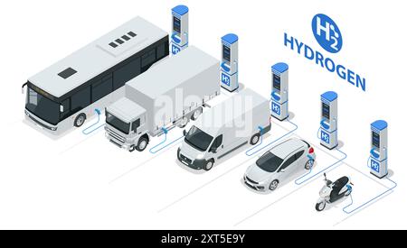 Isometric Hydrogen fuel car charging station with two dispensers for H2 vehicles. Hydrogen powered transportation. Green energy Stock Vector
