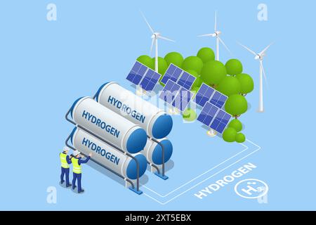 Isometric Hydrogen fuel car charging station with two dispensers for H2 vehicles. Hydrogen powered transportation. Green energy Stock Vector