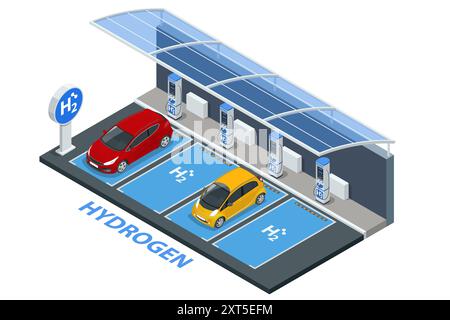 Isometric Hydrogen fuel car charging station with two dispensers for H2 vehicles. Hydrogen powered transportation. Green energy Stock Vector