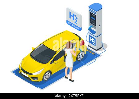 Isometric Hydrogen fuel car charging station with two dispensers for H2 vehicles. Hydrogen powered transportation. Green energy Stock Vector