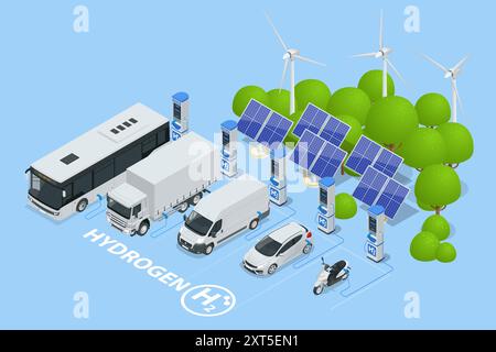 Isometric Hydrogen fuel car charging station with two dispensers for H2 vehicles. Hydrogen powered transportation. Green energy Stock Vector