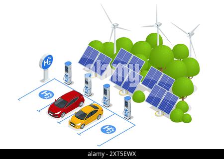Isometric Hydrogen fuel car charging station with two dispensers for H2 vehicles. Hydrogen powered transportation. Green energy Stock Vector