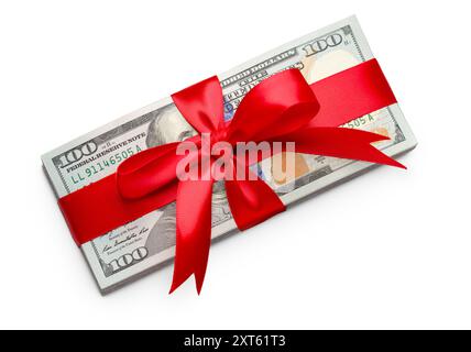 Stack of One Hundred Dollard Bills Wrapped in a Red Ribbon and Bow Isolated on a White Background. Stock Photo