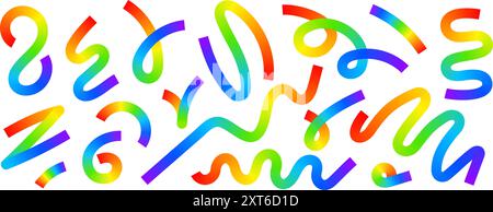 Set of rainbow colored squiggles. Cool multicolored stripes, spirals, loops and other curvy lines isolated on white background. Organic doodle figures with gradient effect. Vector illustration. Stock Vector