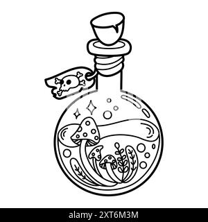 Halloween vector illustration featuring a potion bottle with mushrooms and a skull tag. Perfect for coloring pages Stock Vector