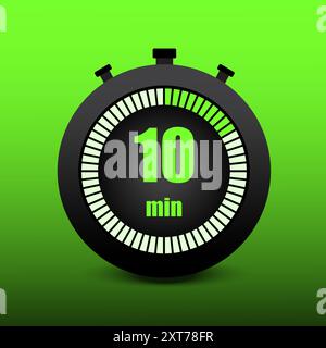 Stopwatch showing 10. Ten minutes countdown. Bright green gradient. Bold black outline. Vector illustration. Stock Vector