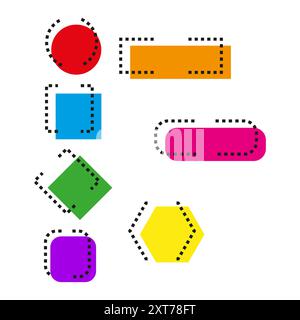 Colorful geometric shapes. Dotted line outlines. Modern vector design. Abstract pattern elements. Stock Vector