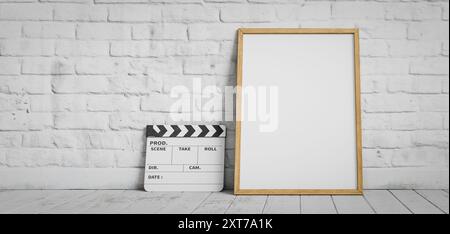 copy space poster mockup for motion picture with white bricks backgrounds. 3d rendering Stock Photo
