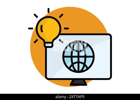 Information technology colored outline icon. monitor with earth and lightbulb. icon related to innovation. data analytics elements vector illustration Stock Vector