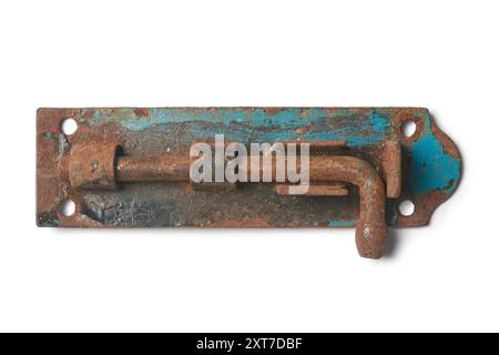 old rusty tower bolt hinge and lock isolated white background in close-up view, corroded door, window or gate locking hardware Stock Photo