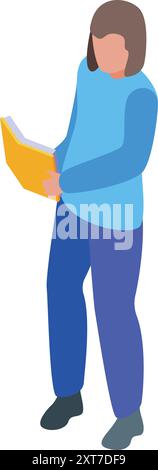 Young woman is standing and reading a book, depicted in an isometric icon style Stock Vector