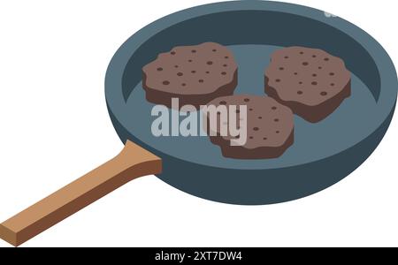 Frying pan cooking three burger patties in isometric view Stock Vector