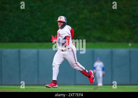 Minneapolis, Minnesota, USA. 13th Aug, 2024. Minnesota Twins catcher CHRISTIAN VÃZQUEZ (8) celebrates a solo home run in the fourth inning during a MLB game between the Minnesota Twins and the Kansas City Royals at Target Field. The Twins won 13-3. (Credit Image: © Steven Garcia/ZUMA Press Wire) EDITORIAL USAGE ONLY! Not for Commercial USAGE! Stock Photo