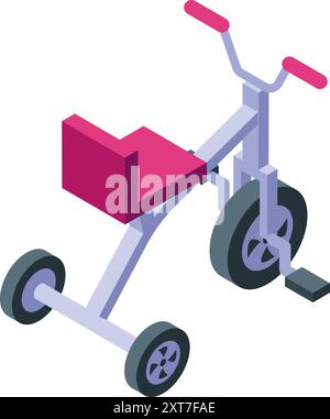 Modern three wheel kid tricycle with red seat for riding on road, isometric icon Stock Vector