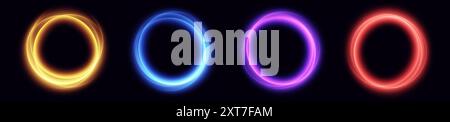 Glowing round frames, magic borders, abstract circular shiny portals, vector light effects. Stock Vector