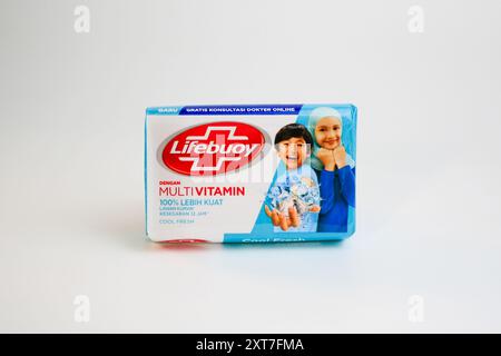 Close up a Lifebuoy soap bar packages isolated on white background. Lifebuoy is a brand of soap marketed by Unilever. Stock Photo