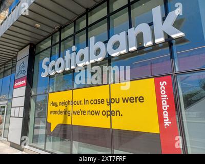 Toronto, ON, Canada – July 29, 2024: The logo and brand sign of Scotiabank Arena stadium in downtown Toronto. Stock Photo