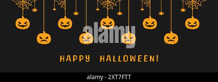 Happy Halloween banner or border with spider web and jack o lantern pumpkins silhouette. Hanging Spooky Ornaments Decoration Vector illustration, tric Stock Vector