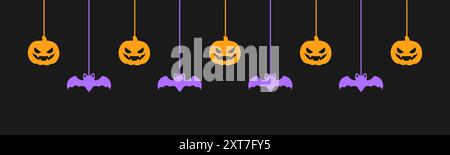 Happy Halloween banner or border with glowing bats and jack o lantern pumpkins. Hanging Spooky Ornaments Decoration Vector illustration, trick or trea Stock Vector