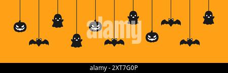 Happy Halloween banner or border with black bats, ghost and jack o lantern pumpkins. Hanging Spooky Ornaments Decoration Vector illustration, trick or Stock Vector