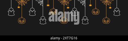 Happy Halloween banner or border with glowing ghosts and jack o lantern pumpkins. Hanging Spooky Ornaments Decoration Vector illustration, trick or tr Stock Vector