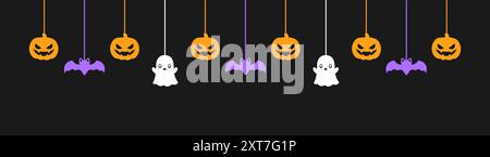 Happy Halloween banner or border with black bats, ghost and jack o lantern pumpkins. Hanging Spooky Ornaments Decoration Vector illustration, trick or Stock Vector