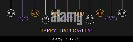 Happy Halloween banner or border with bats, ghost and jack o lantern pumpkins. Glowing Hanging Spooky Ornaments Decoration Vector illustration, trick Stock Vector