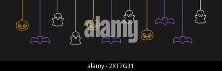 Happy Halloween banner or border with bats, ghost and jack o lantern pumpkins. Glowing Hanging Spooky Ornaments Decoration Vector illustration, trick Stock Vector