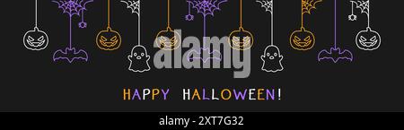 Happy Halloween banner or border with bats, ghost and jack o lantern pumpkins. Glowing Hanging Spooky Ornaments Decoration Vector illustration, trick Stock Vector