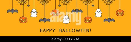 Happy Halloween banner or border with bats, ghost and jack o lantern pumpkins. Hanging Spooky Ornaments Decoration Vector illustration, trick or treat Stock Vector