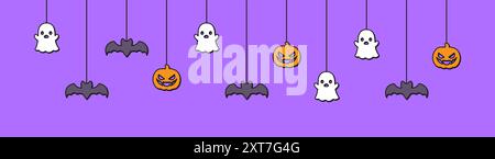Happy Halloween banner or border with bats, ghost and jack o lantern pumpkins. Hanging Spooky Ornaments Decoration Vector illustration, trick or treat Stock Vector