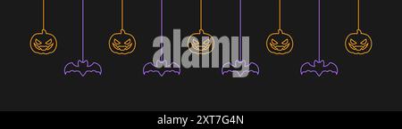Happy Halloween banner or border with glowing bats and jack o lantern pumpkins. Hanging Spooky Ornaments Decoration Vector illustration, trick or trea Stock Vector