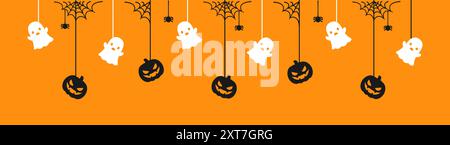 Happy Halloween banner or border with ghost and jack o lantern pumpkins. Hanging Spooky Ornaments Decoration Vector illustration, trick or treat party Stock Vector