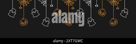 Happy Halloween banner or border with glowing ghosts and jack o lantern pumpkins. Hanging Spooky Ornaments Decoration Vector illustration, trick or tr Stock Vector