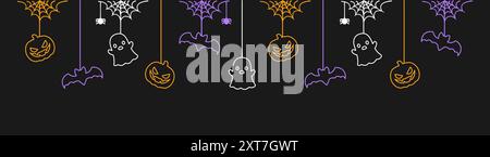 Happy Halloween banner or border with bats, ghost and jack o lantern pumpkins. Glowing Hanging Spooky Ornaments Decoration Vector illustration, trick Stock Vector