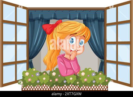 Smiling girl looking out of window Stock Vector
