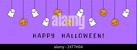Happy Halloween banner or border with ghost and jack o lantern pumpkins. Hanging Spooky Ornaments Decoration Vector illustration, trick or treat party Stock Vector